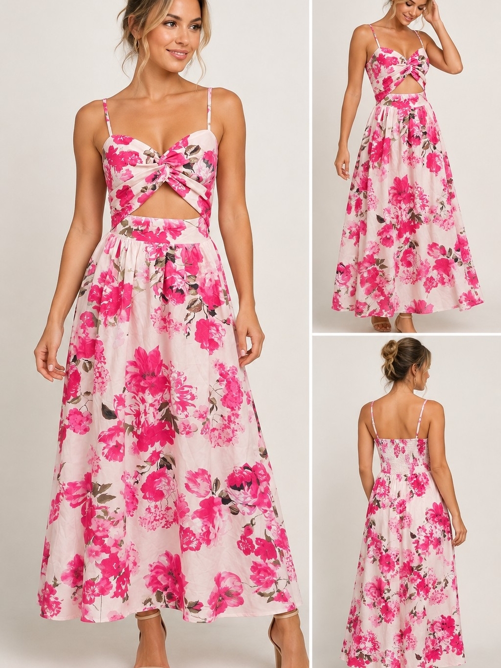 SHEIN Pink Floral Twist Cutout Maxi Dress Size 6 (Medium)